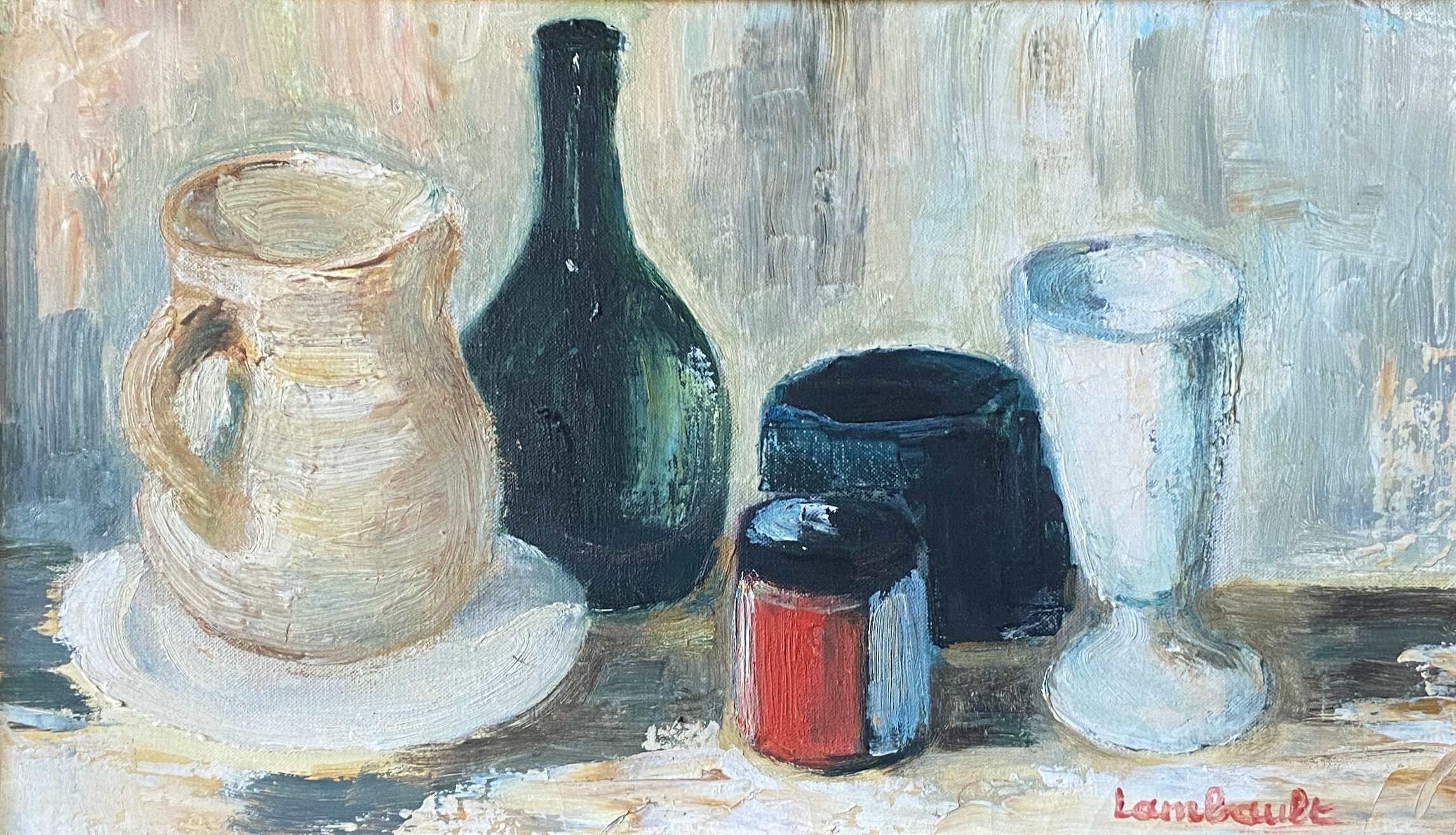 Painting HST "Still life with the bottle" signed M. Lambault (1891-1983)