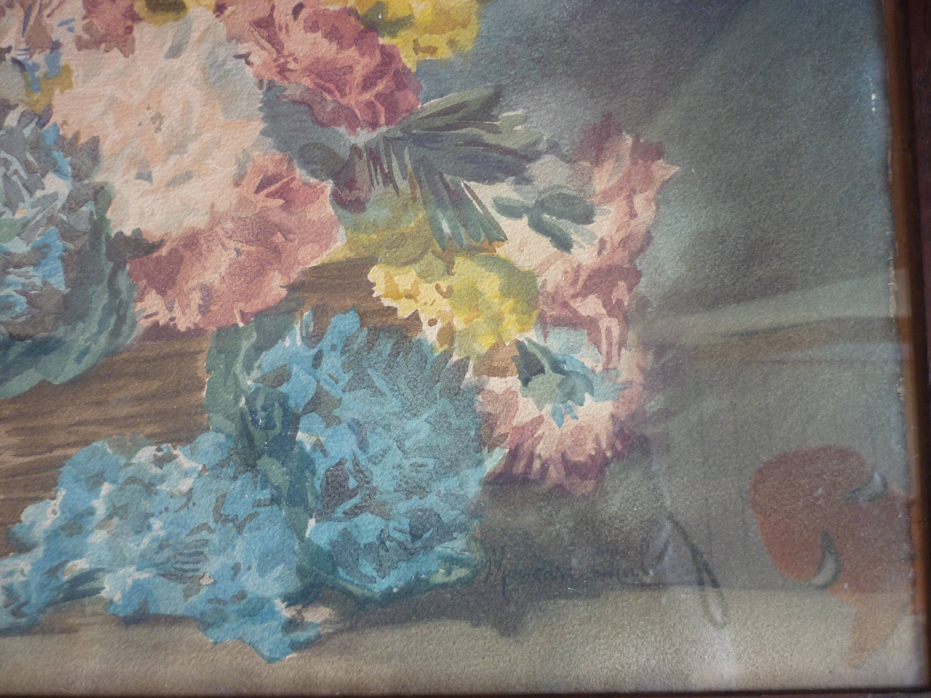 Table still life basket flowers signed