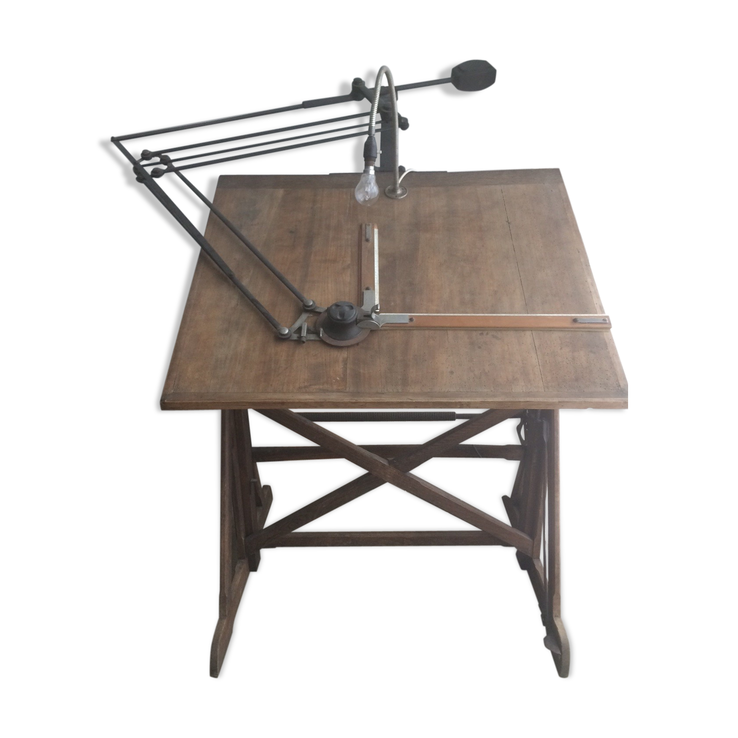 Table d'architecte en bois et bras mobile en métal des années 50