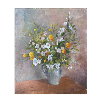 Painting made in oil on embedded canvas representing a bouquet of wild flowers