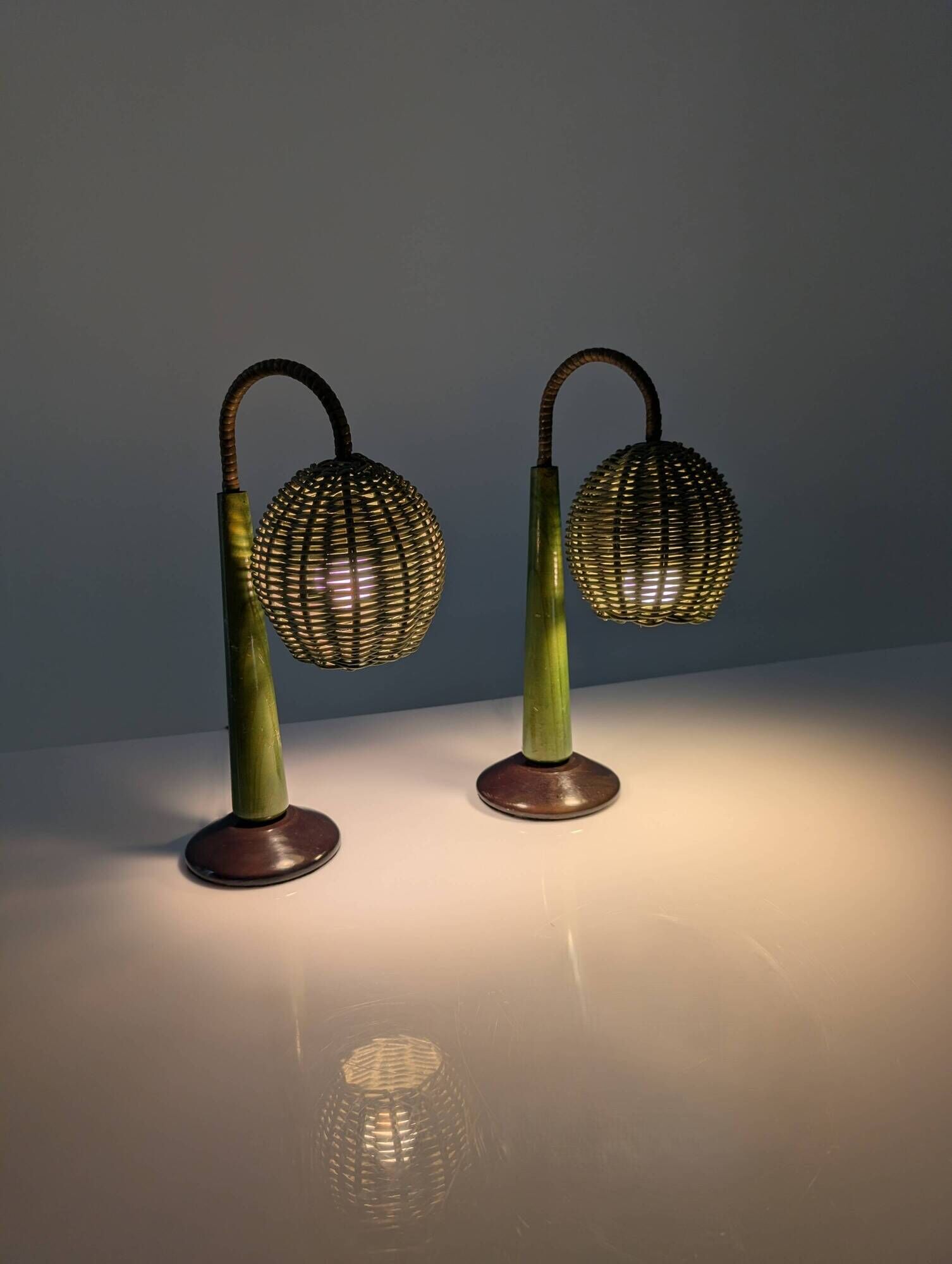 Organic Modern Mario Lopez Torres Style Green Rattan Lamps 1980s