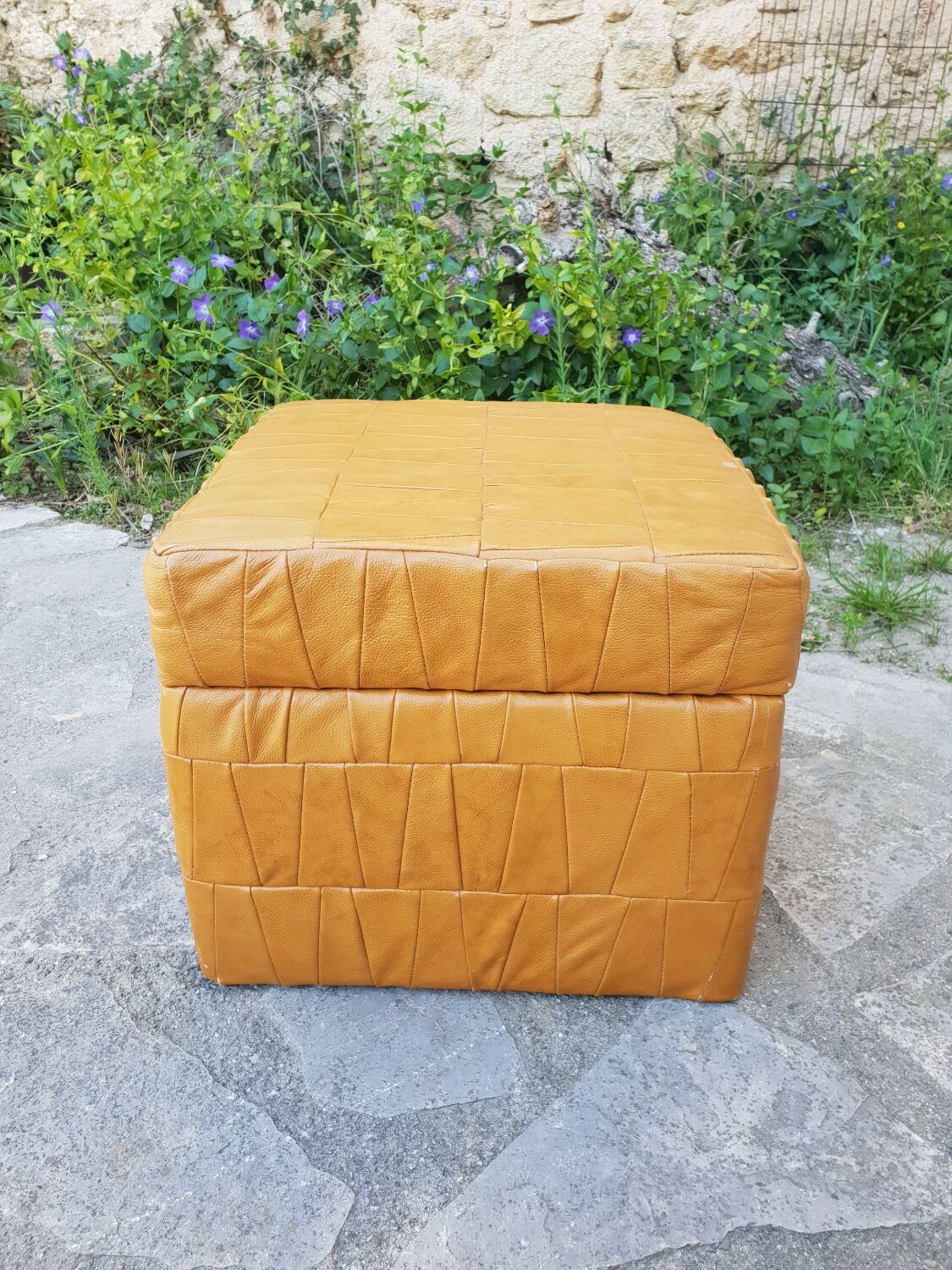 Leather patchwork chuff pouf 1970