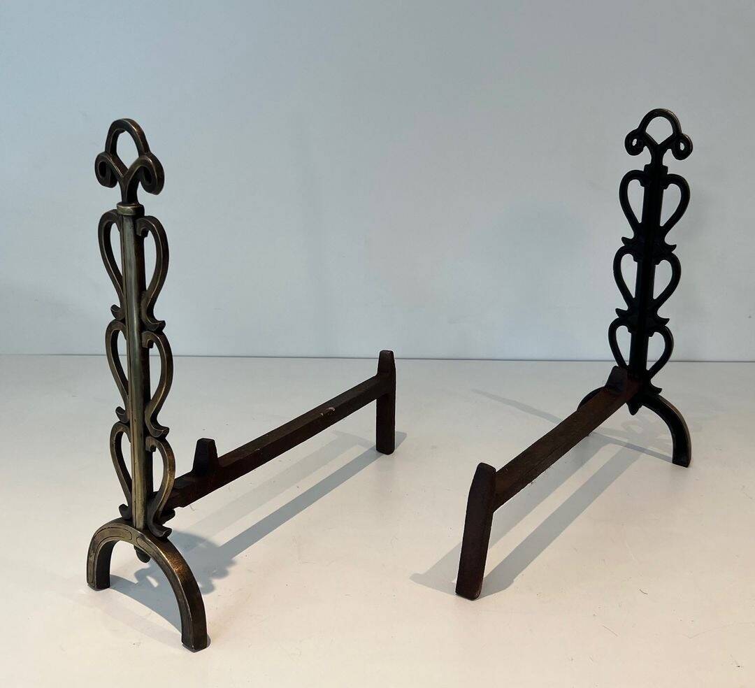 Pair of Brass and Wrought Iron Chenets with Scroll Columns and Arched Bases