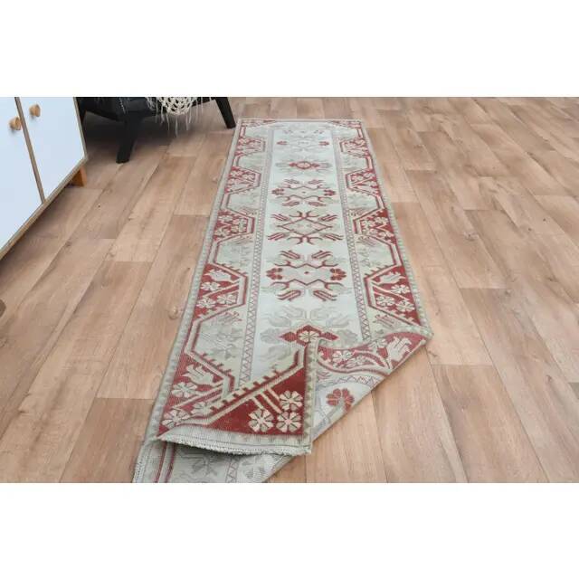 Vintage Beige Pink Turkish Handmade Oushak Wool Runner Rug  73x278