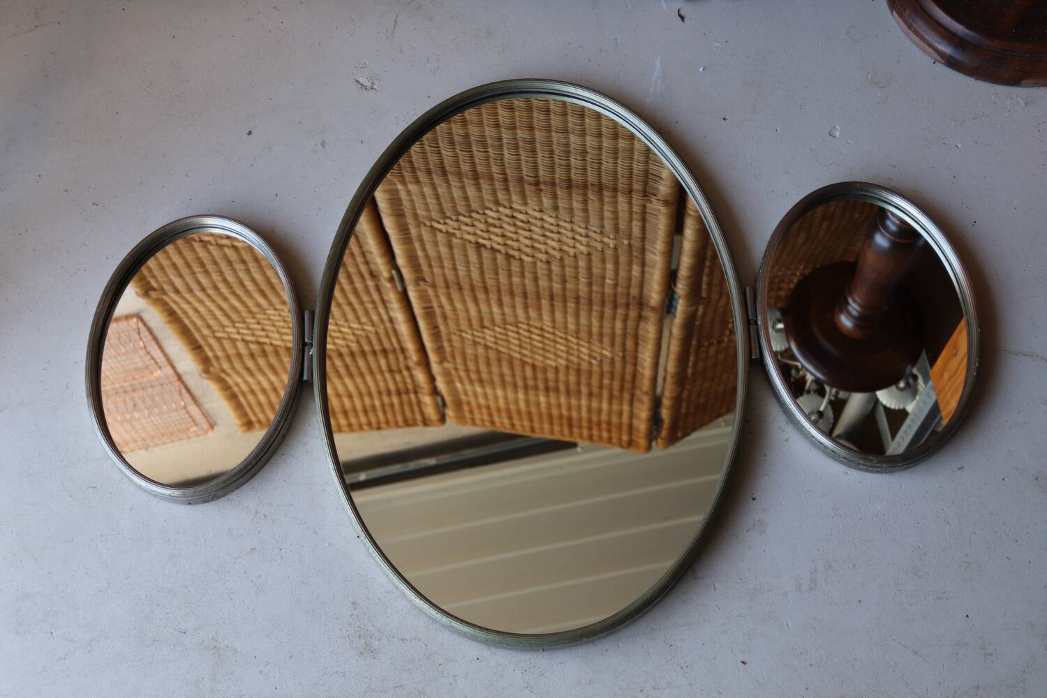 Vintage triptych mirror from a 1950s dressing table in nickel-plated silver.