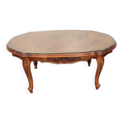 Table basse ovale style Louis XV avec plateau en verre
