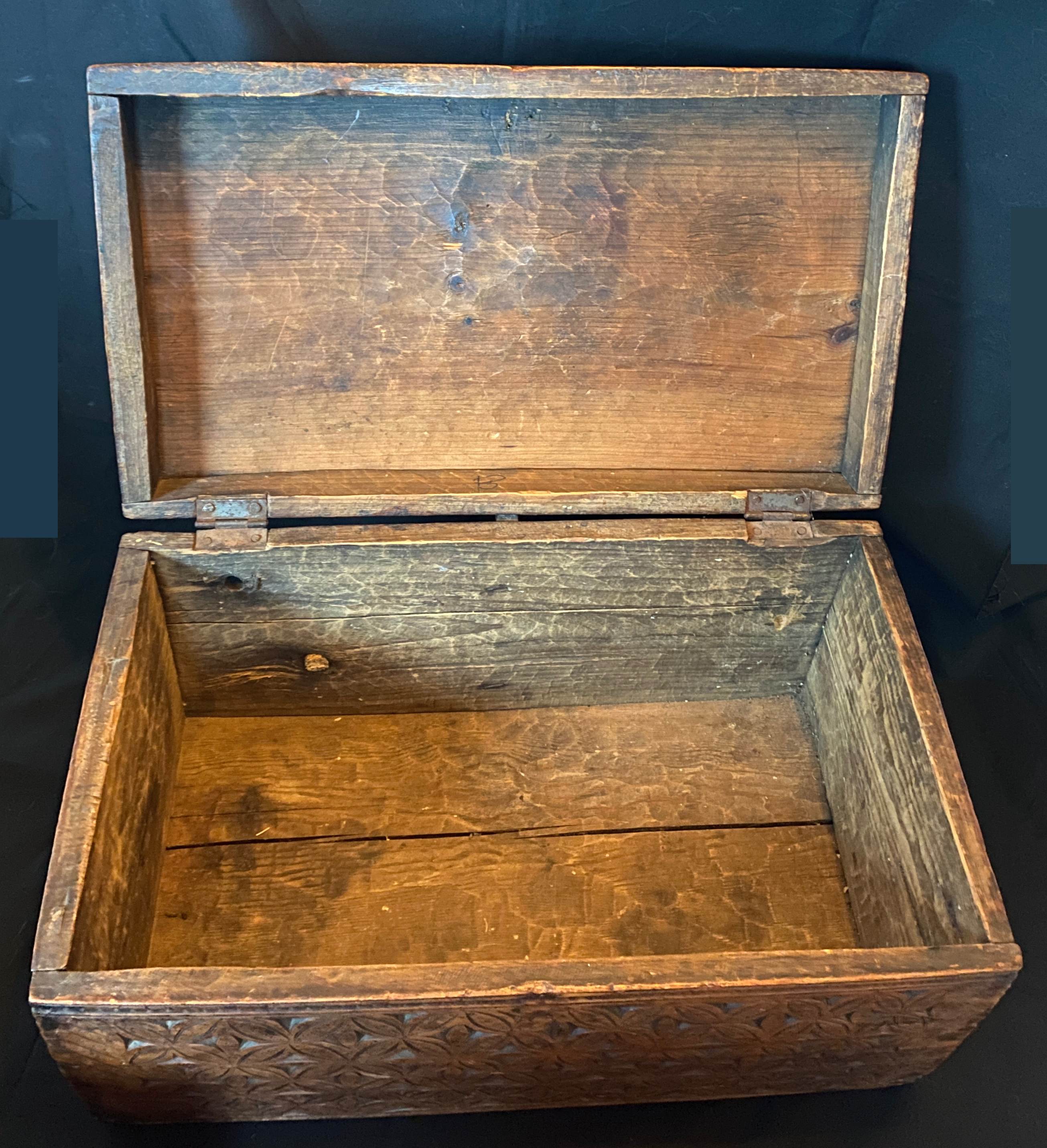 Old wooden chest with carved rosettes regionalism folk art