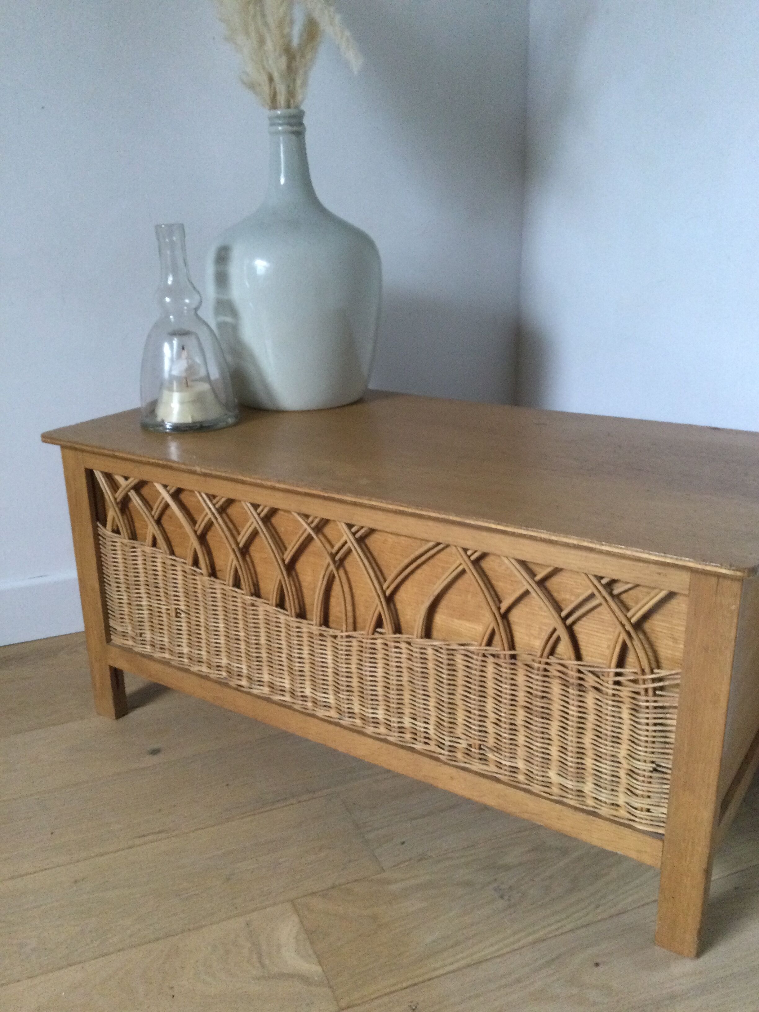 Vintage wood and rattan chest