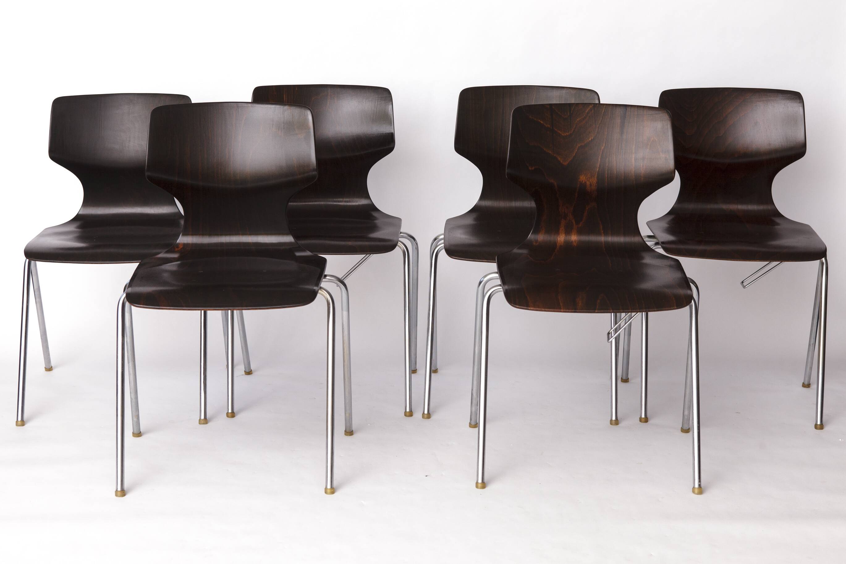 6 Flötotto Pagwood Chairs – German Design Classic, 1970s, Chrome & Plywood