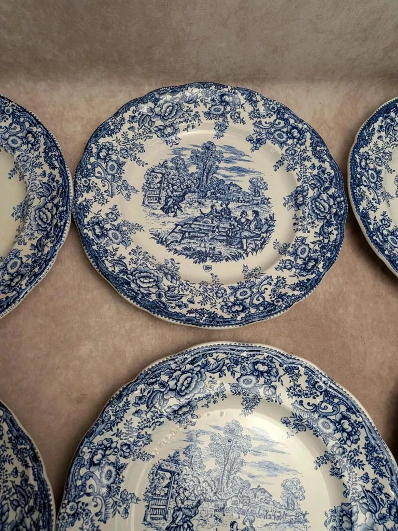 Set of 12 flat plates Terre de fer BP – Blue toile de Jouy pattern