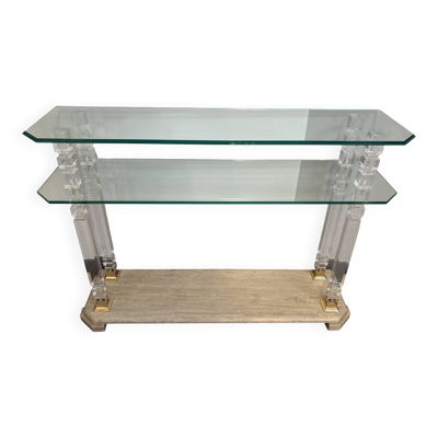 Console style Hollywood Regency en travertin, verre et lucite
