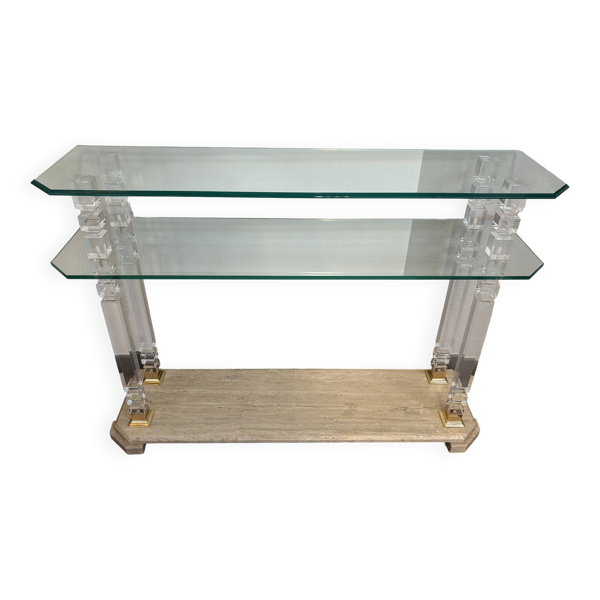 Console style Hollywood Regency en travertin, verre et lucite