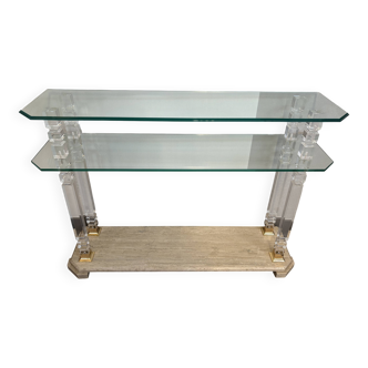 Hollywood Regency console style in travertine, glass, and Lucite.