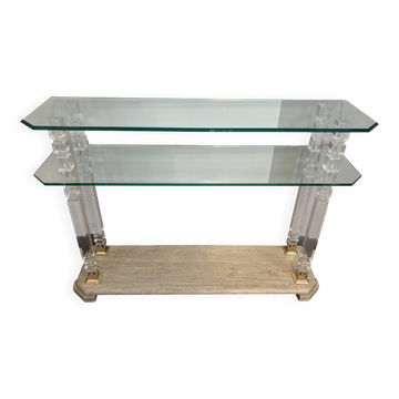 Hollywood Regency console style in travertine, glass, and Lucite.