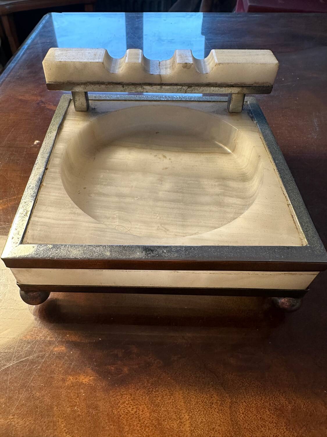 Art-deco ashtray - white stone and metal - made in France