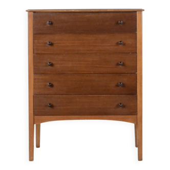 Midcentury Walnut Chest Of Drawers / Tallboy By W&T Lock Of Bat