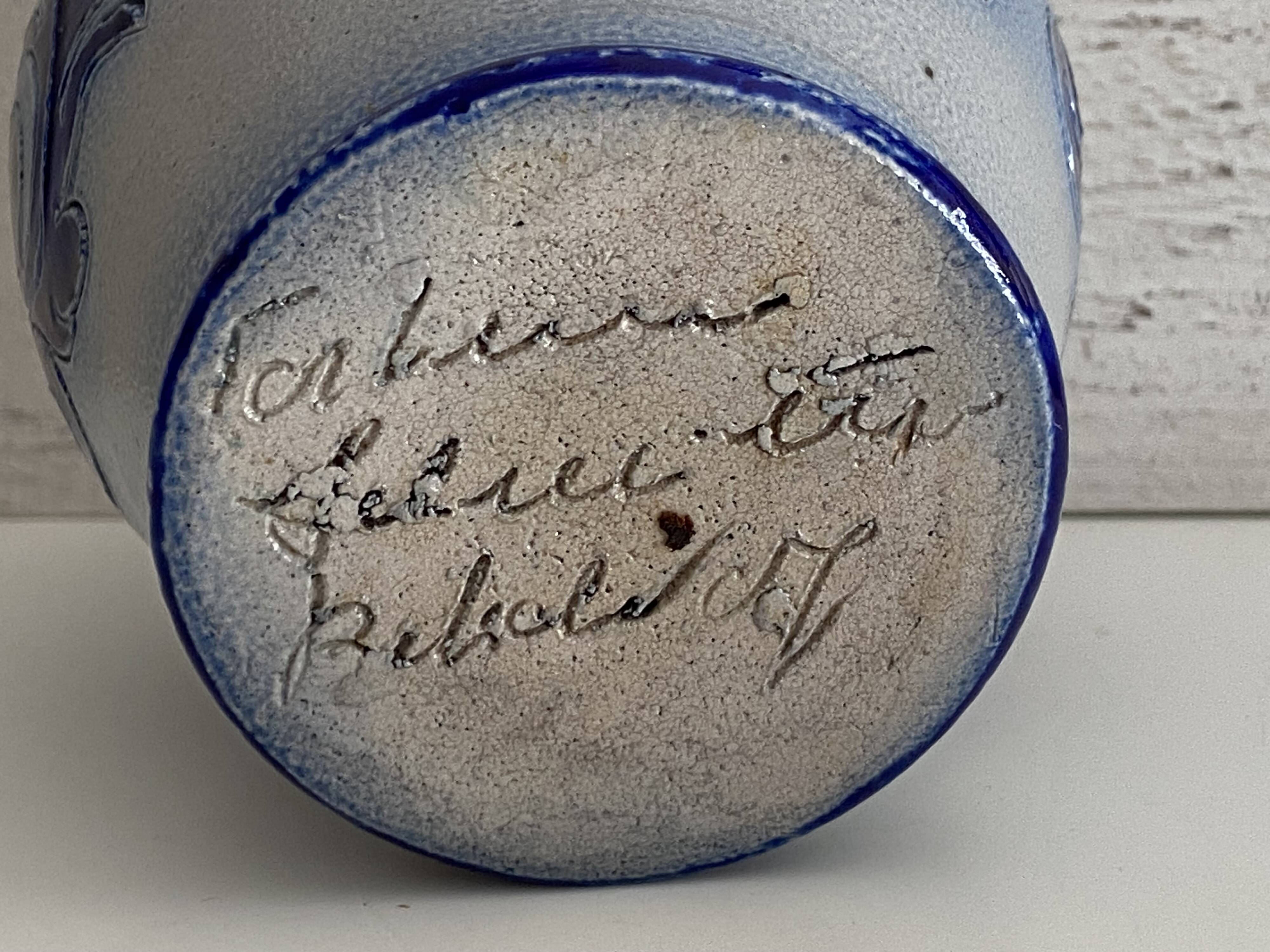 Antique Small Glazed Stoneware Vase, Chiseled, Alsace, Bestchdorf, Signed