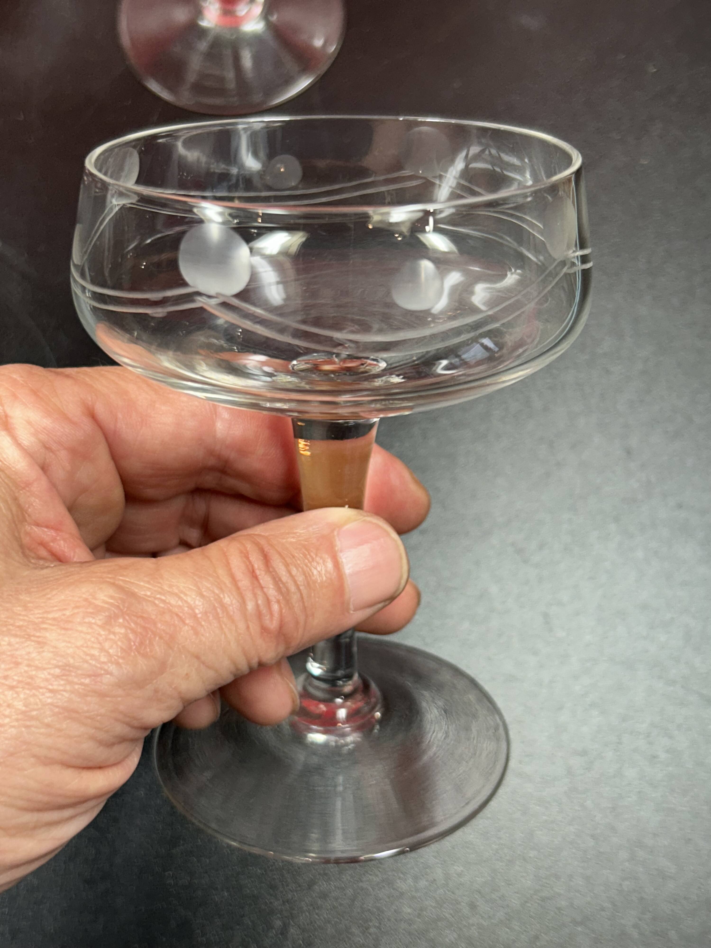 9 antique champagne glasses frosted engraved decor slender molded foot