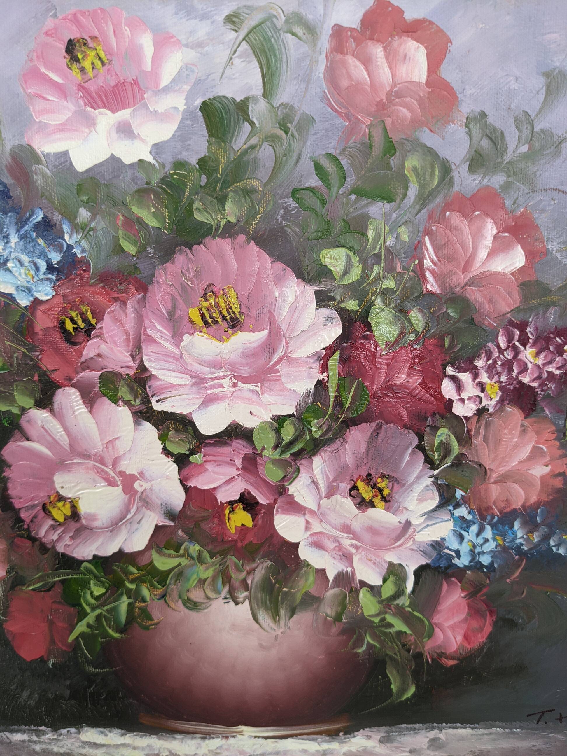 Vintage framed oil painting of flowers by T. Hansen | Selency