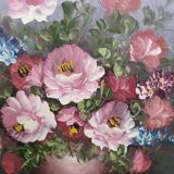 Peinture à l’huile vintage encadrée de fleurs par T. Hansen