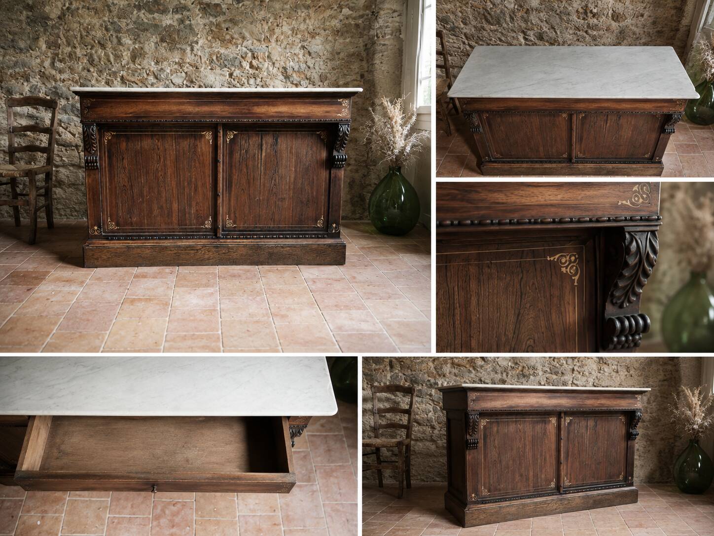 Antique bakery counter in rosewood and Carrara marble.