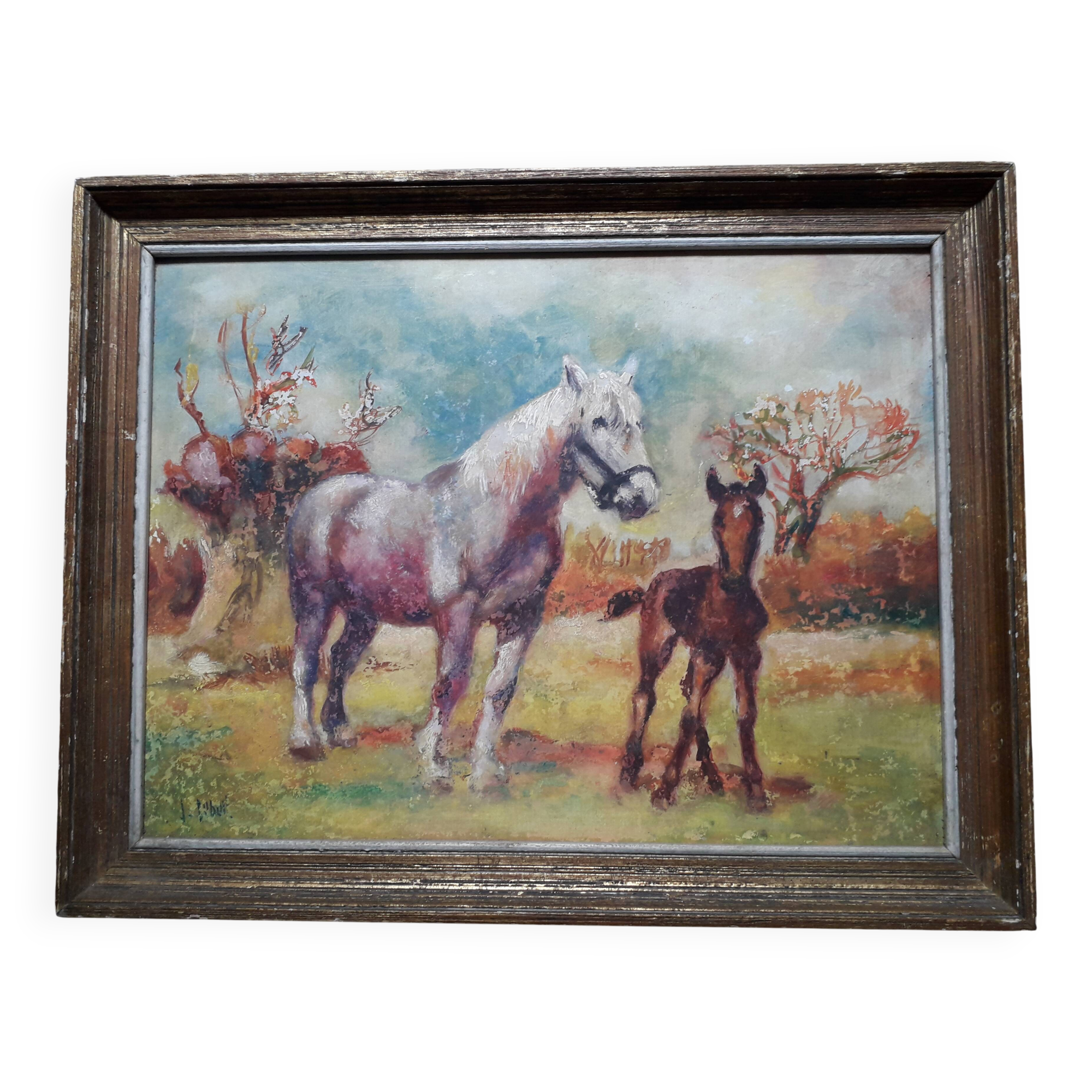 Antique oil painting depicting horses