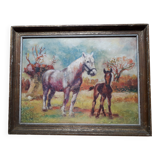 Antique oil painting depicting horses