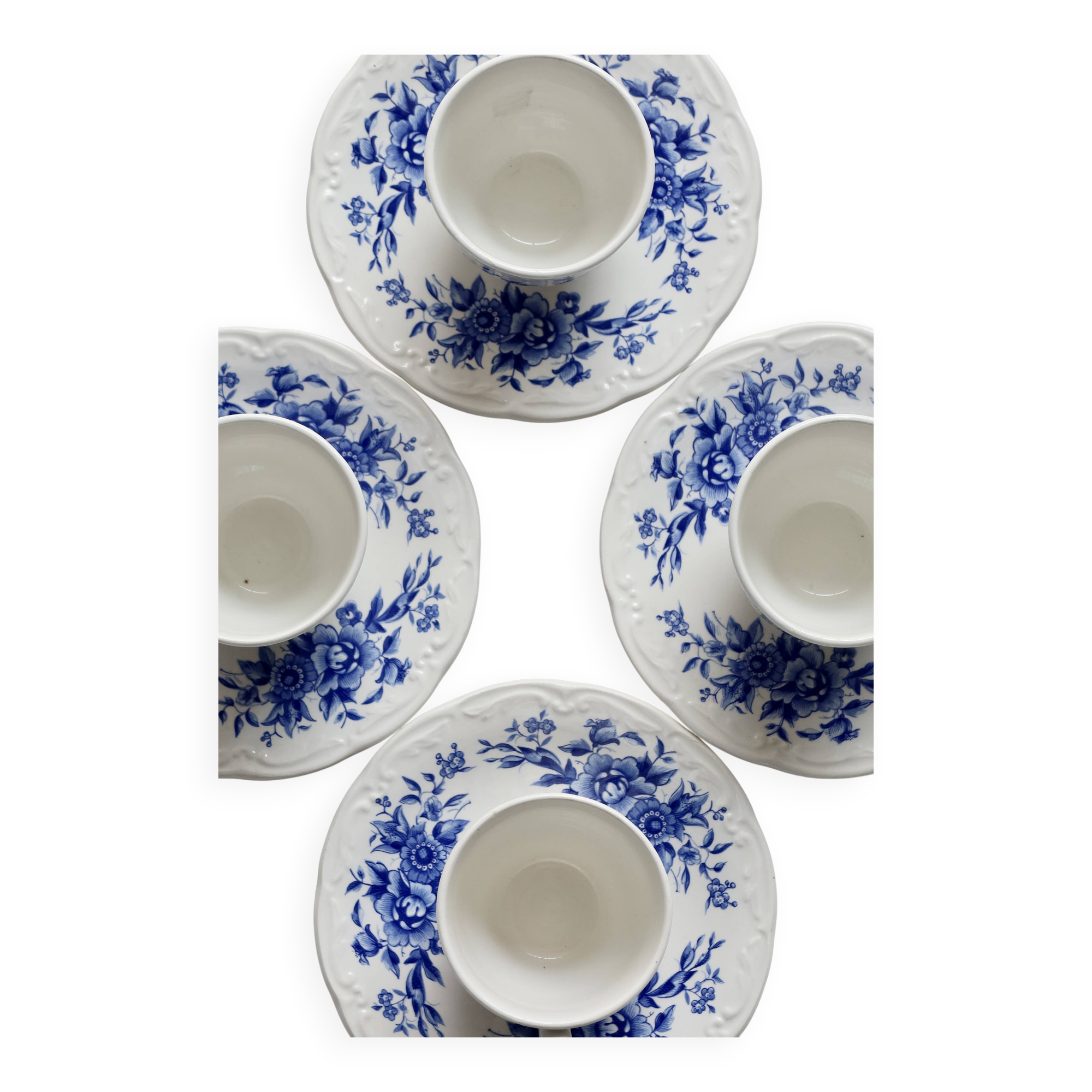 4 tasses anciennes en faïence Sarreguemines bleue et blanche - Soucoupes as
