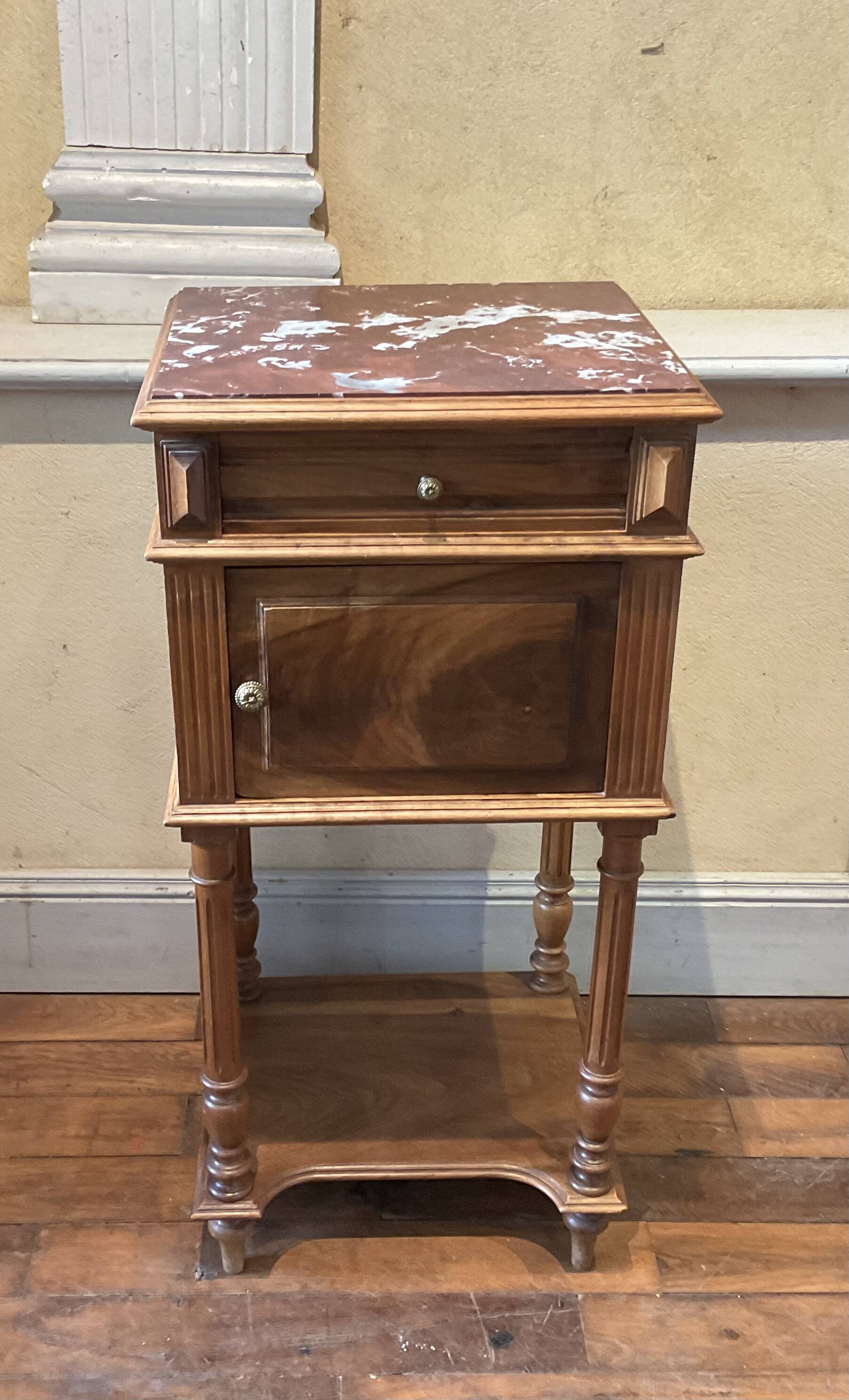 Old Henry II style bedside table in walnut with pink marble top, 19th century
