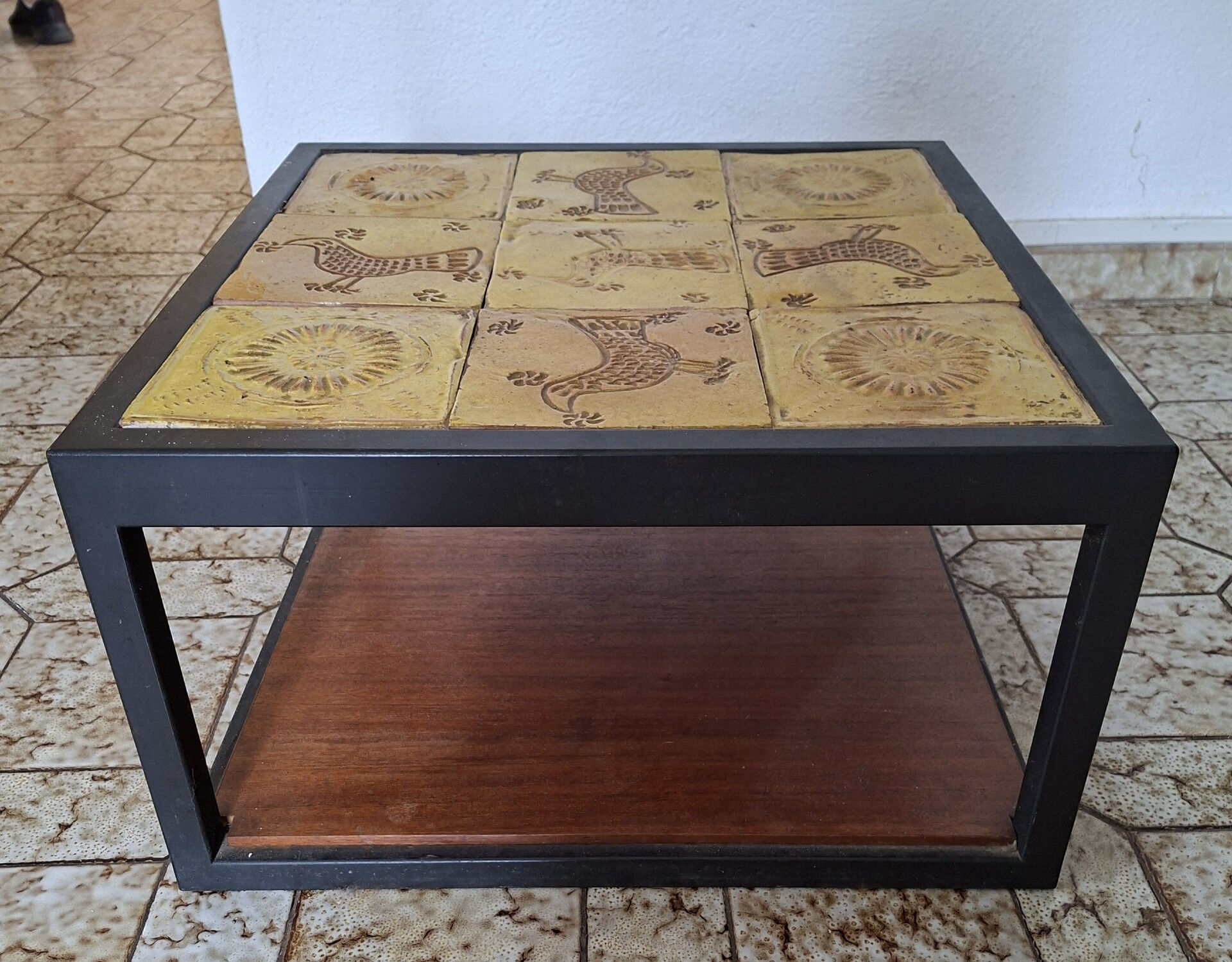 Low Table in Glazed Ceramic and Black Metal, Decorated with Stylised Birds