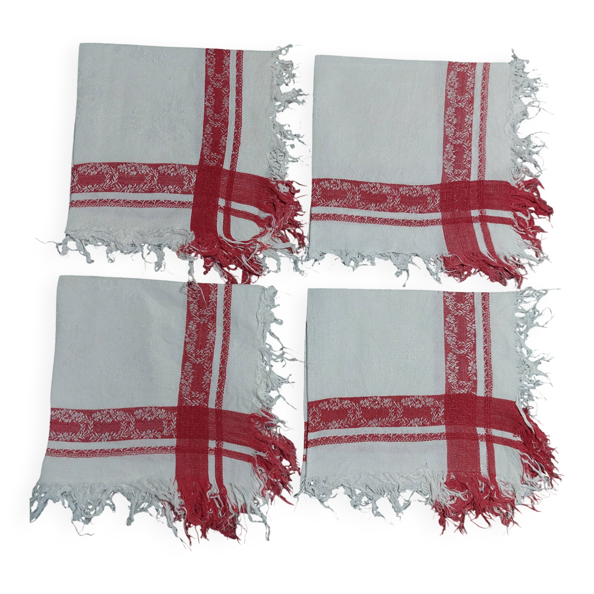 Set of four white and red damask thread napkins 27 X 29 cm