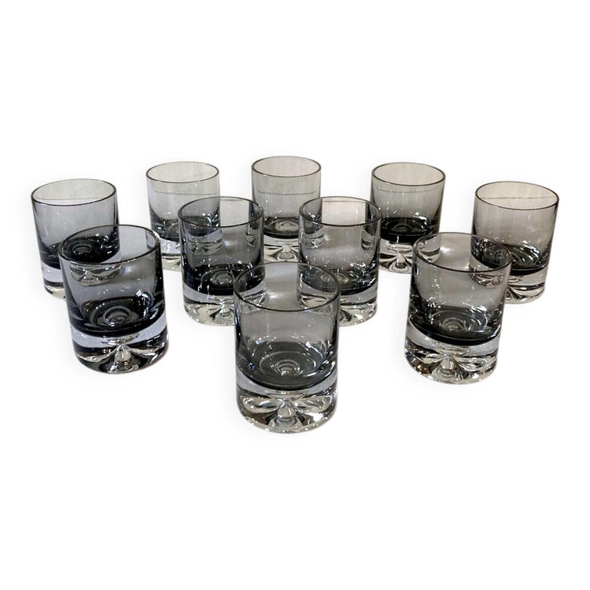 10 smoked glass aperitif glasses, 1960s-1970s