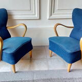 Pair of wing chairs flesh Scandinavian Danish 50s 60s blue