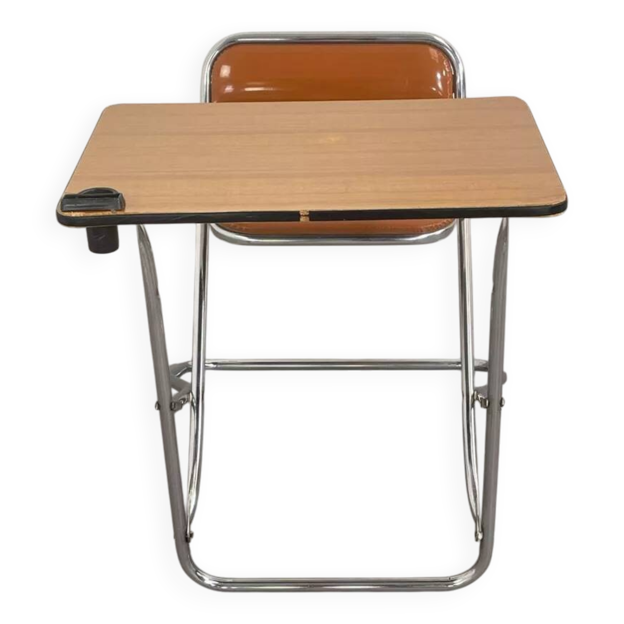 Vintage folding school desk with faux leather seat