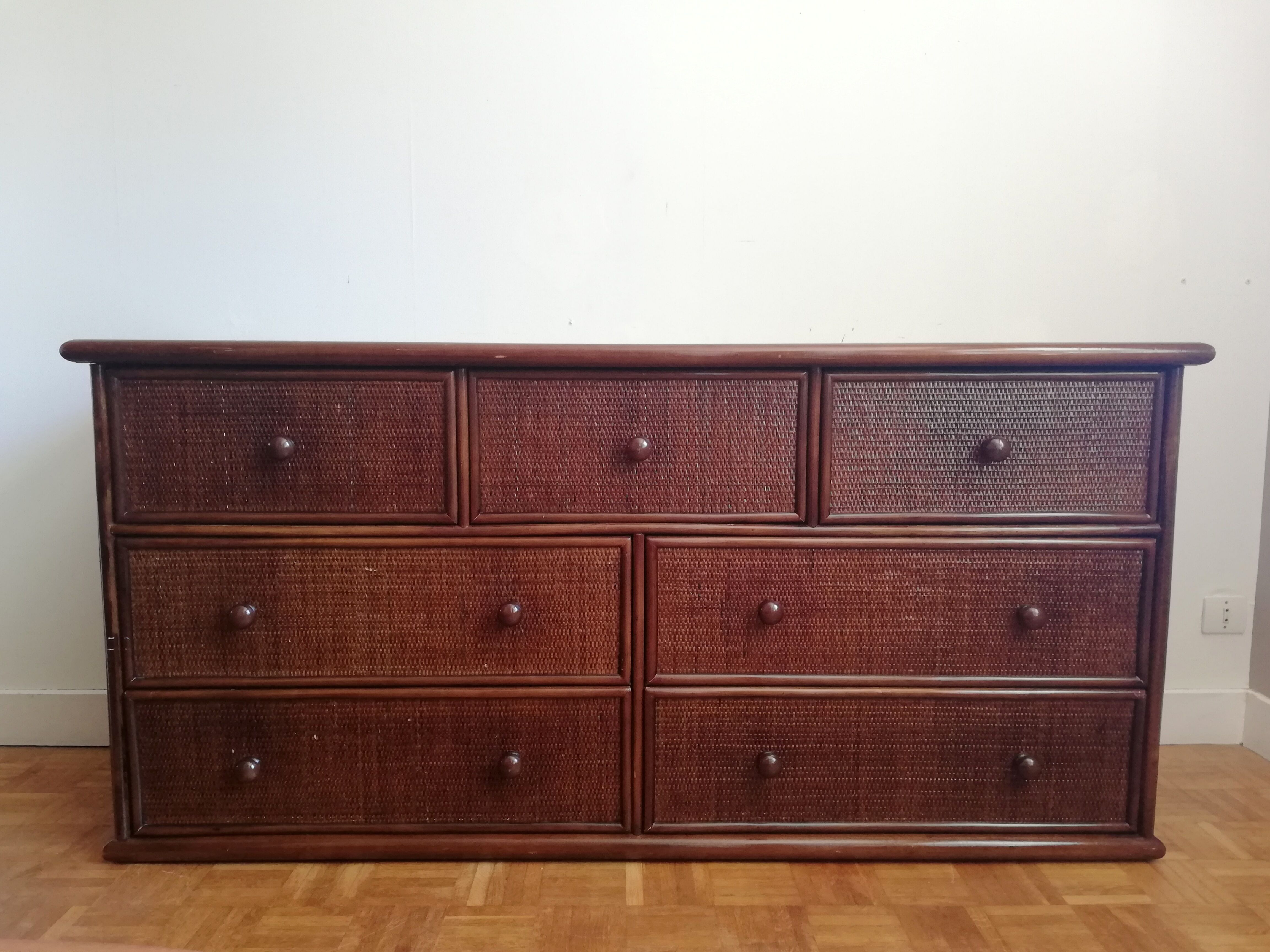 Chest of drawers braided rattan and wood
