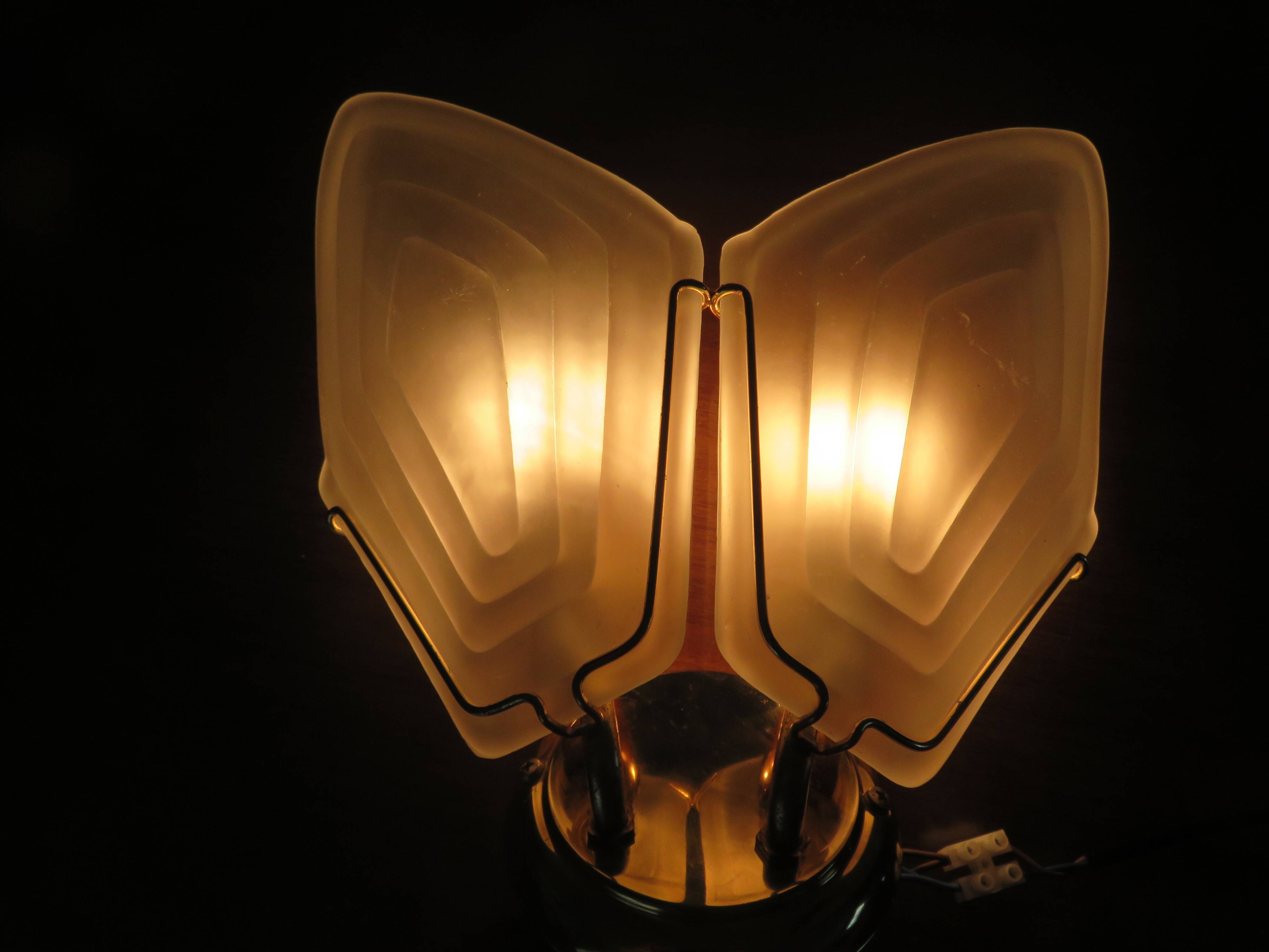 Double wall lamp in frosted glass and gold metal from the 70s