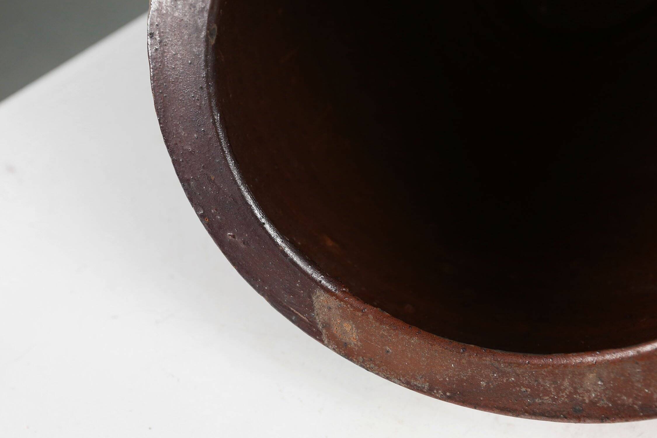 Signed Rustic Large Glazed Brown Ceramic Pot, Belgium, 1800s