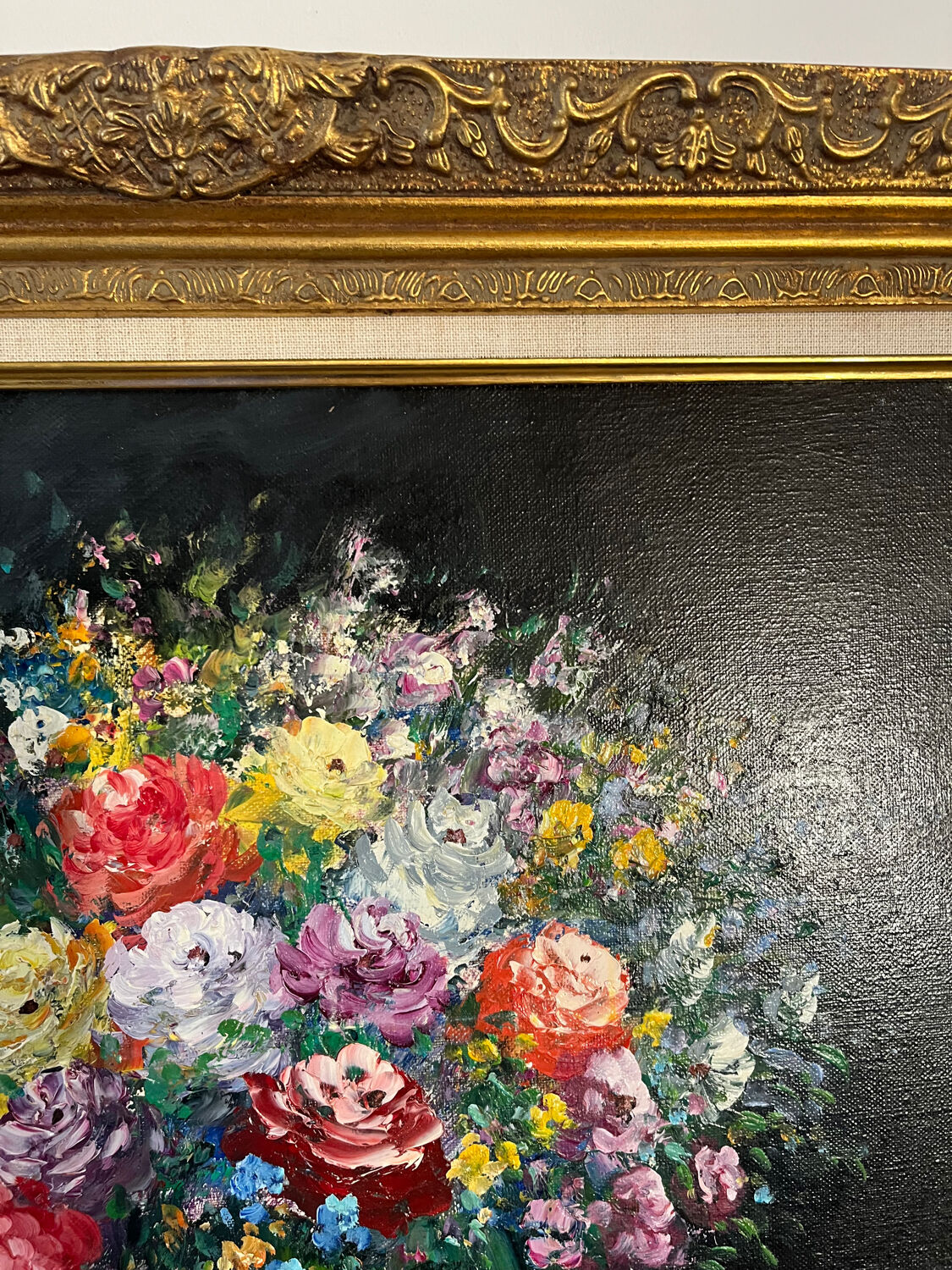 Framed bouquet of flowers, oil on canvas signed R Mogisse.