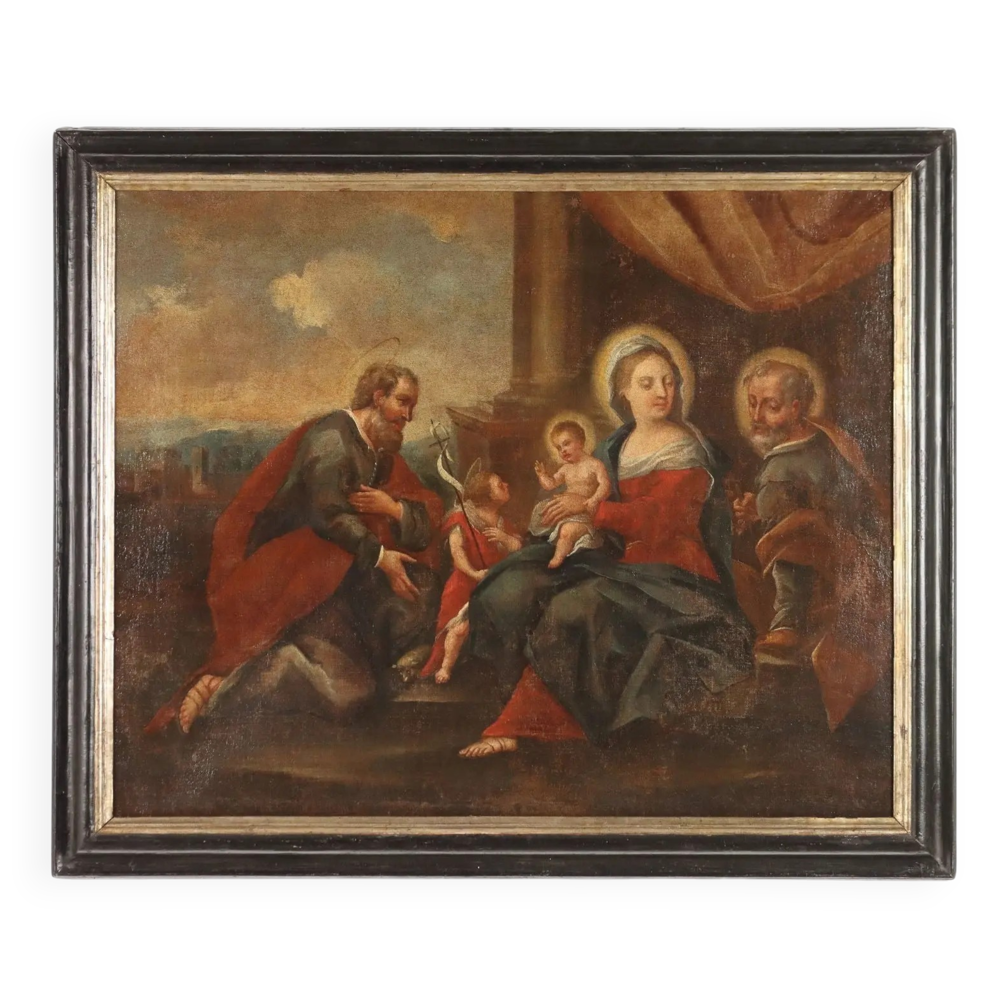 The Holy Family with saints, old painting from the 17th-18th century.
