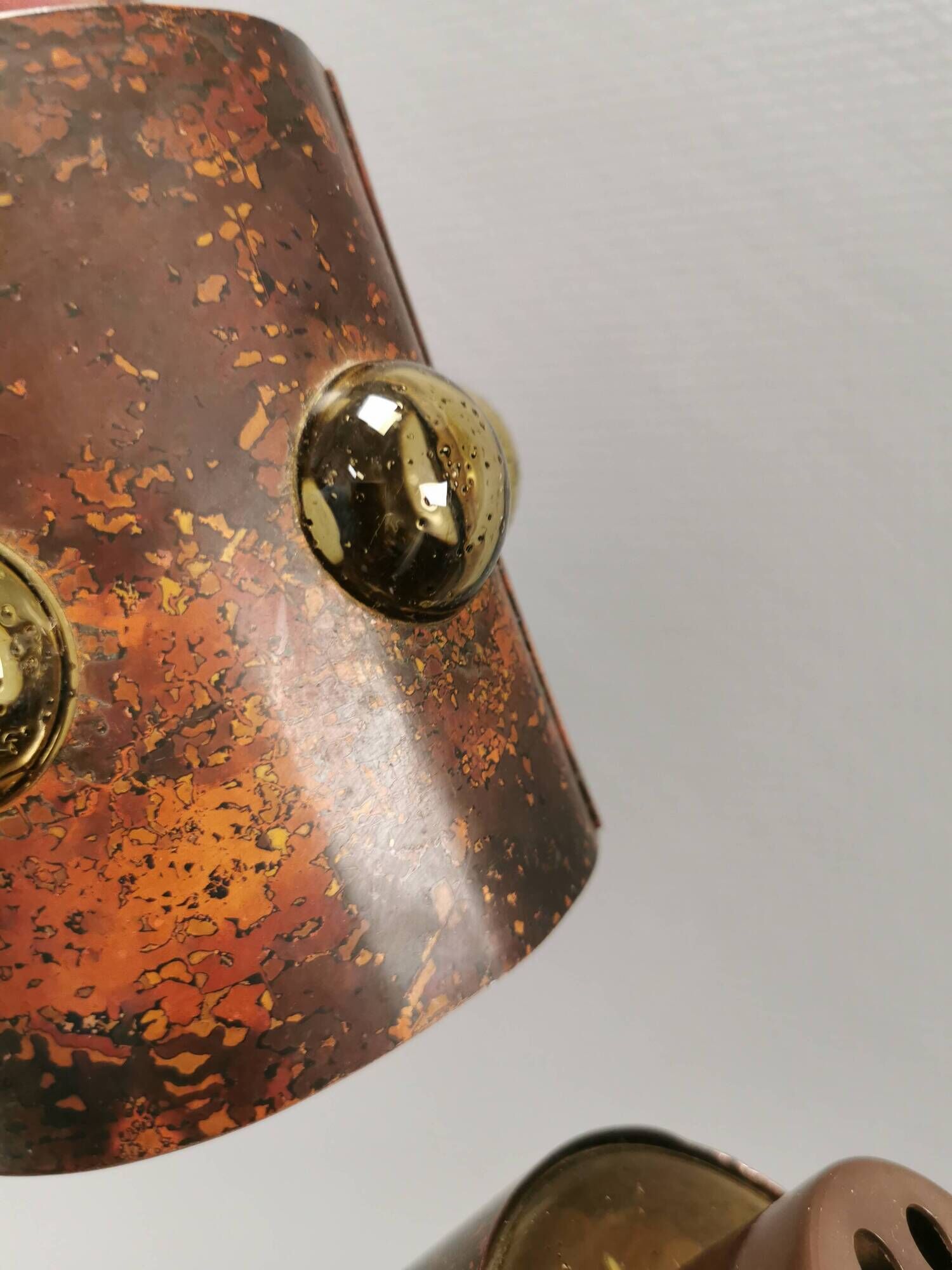 Two beautiful hanging lamps made of thin copper with inlaid glass 1970-80s
