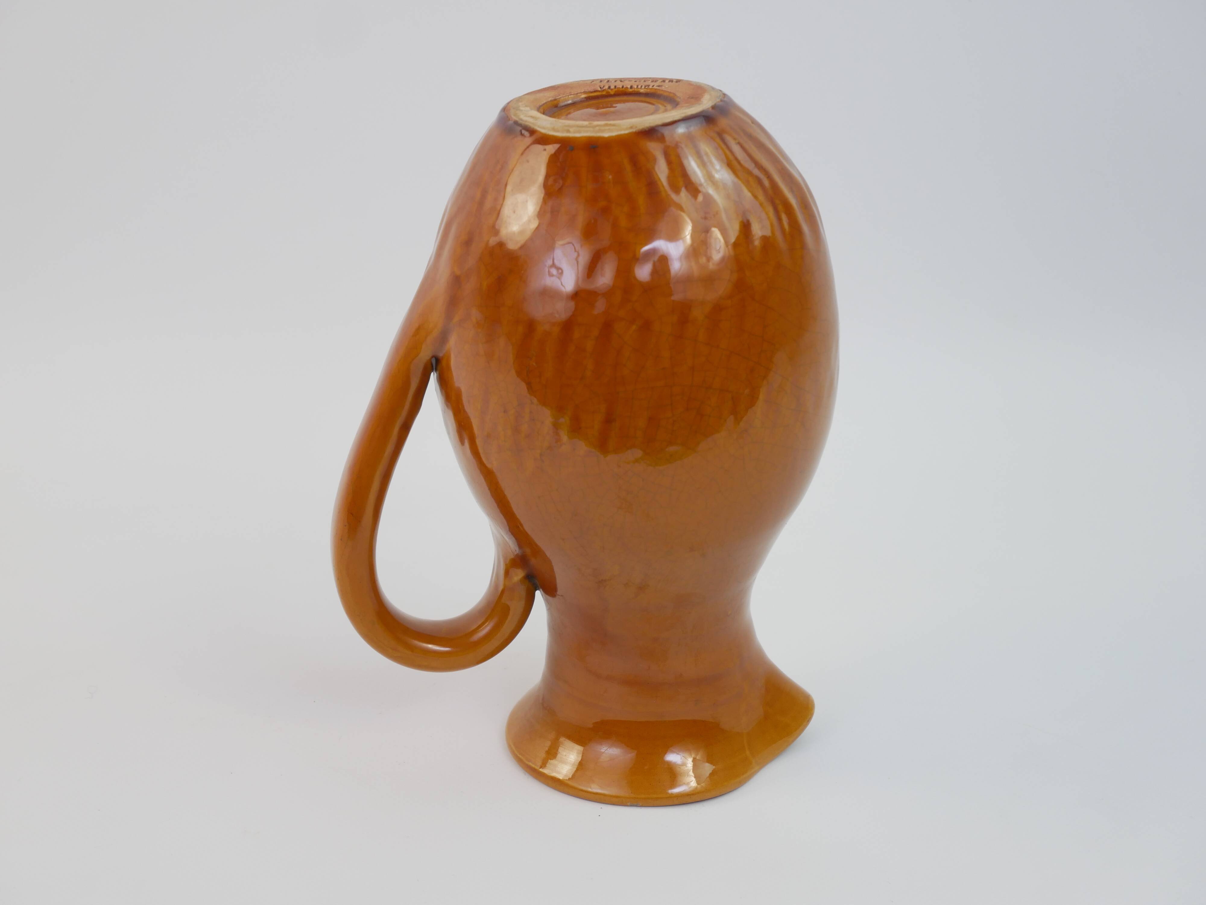 Yellow ochre ceramic pitcher signed Félix Céram Vallauris circa 1960