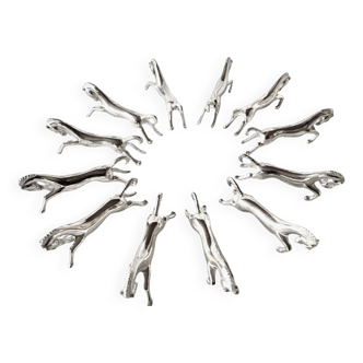 Set of 12 silver plated metal knife holders - horses