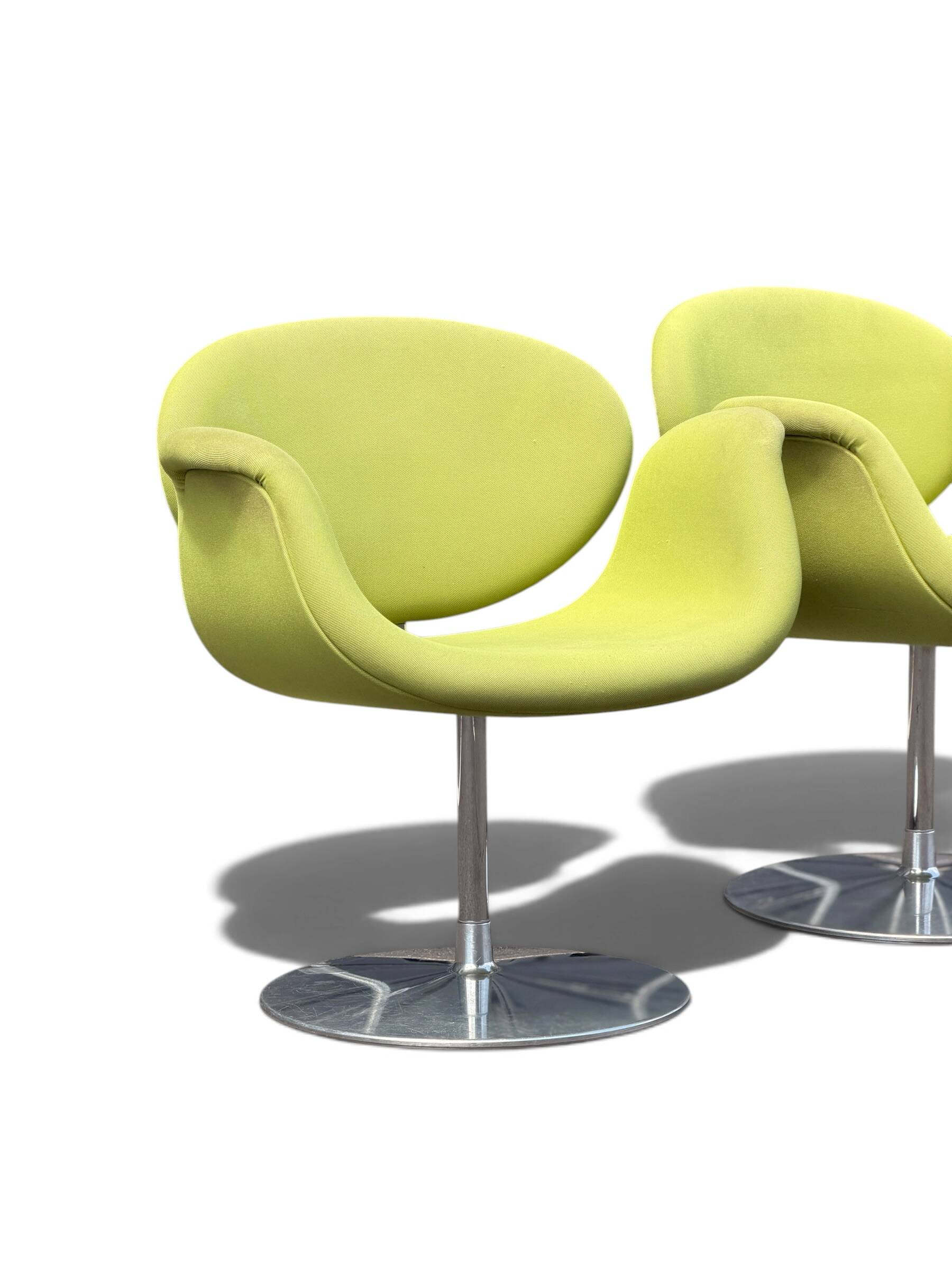 Pair of Little Tulip armchairs by Pierre Paulin for Artifort in green fabric.