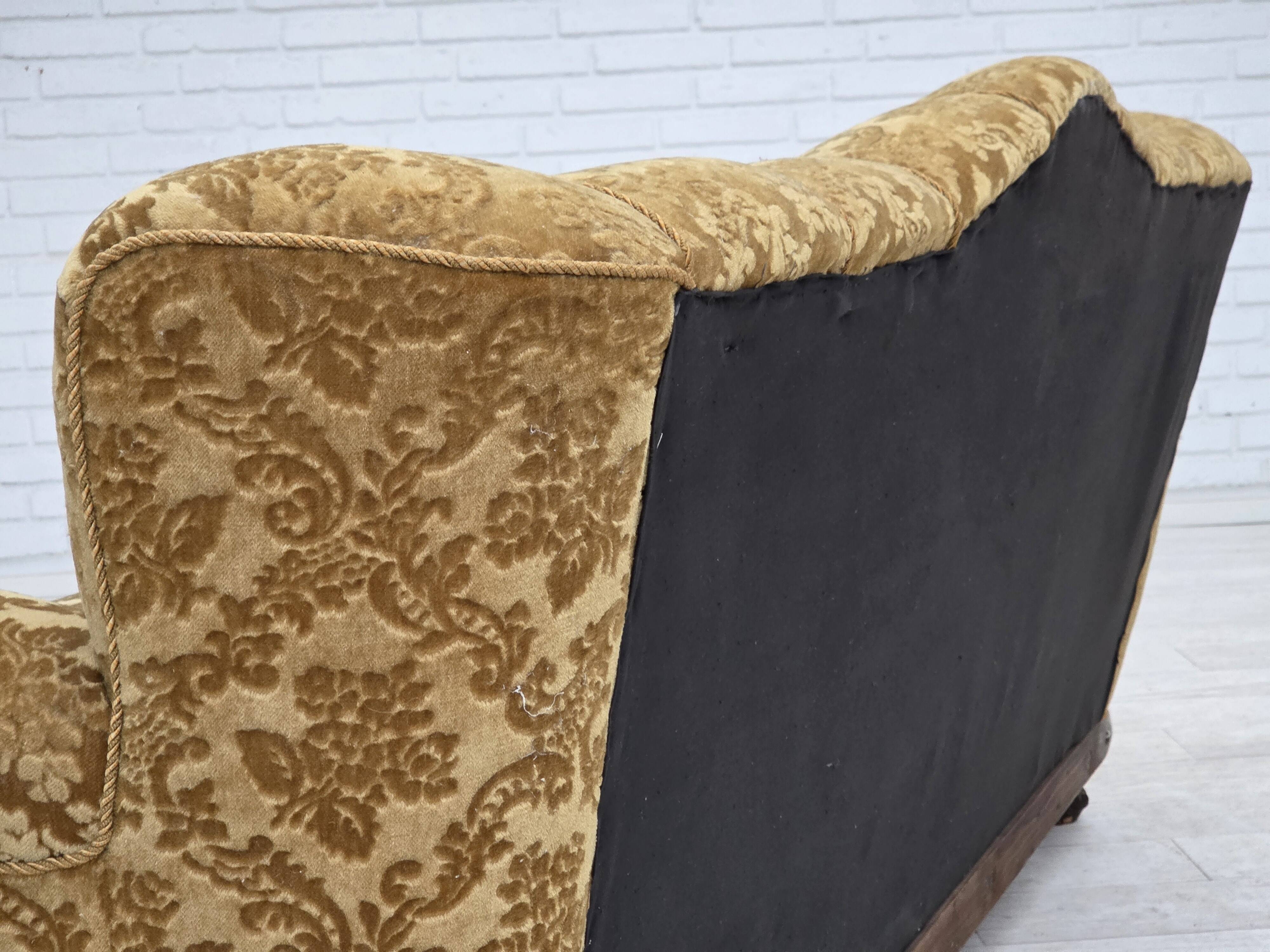 1950s, Danish 3-seater sofa, furniture velour, carved oak wood.