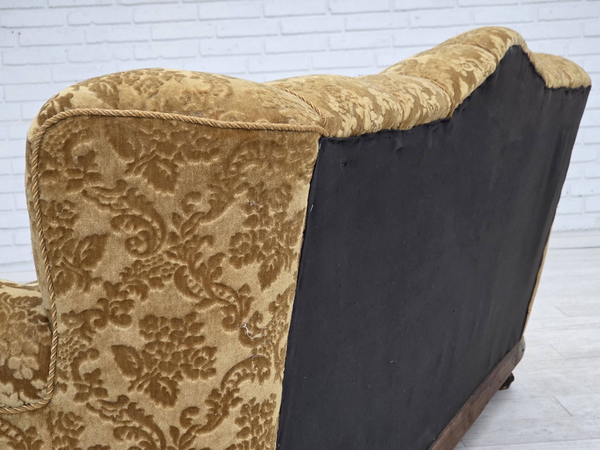 1950s, Danish 3-seater sofa, furniture velour, carved oak wood.