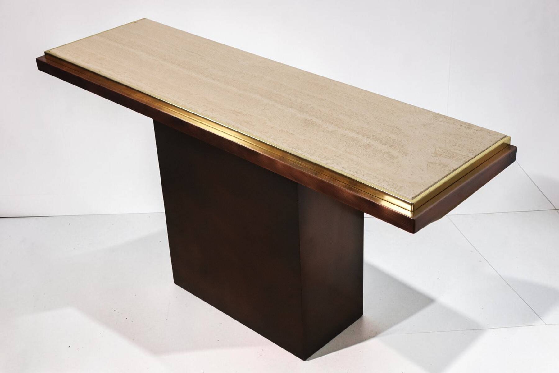 Minimalist console in travertine and patinated metal — 1970s