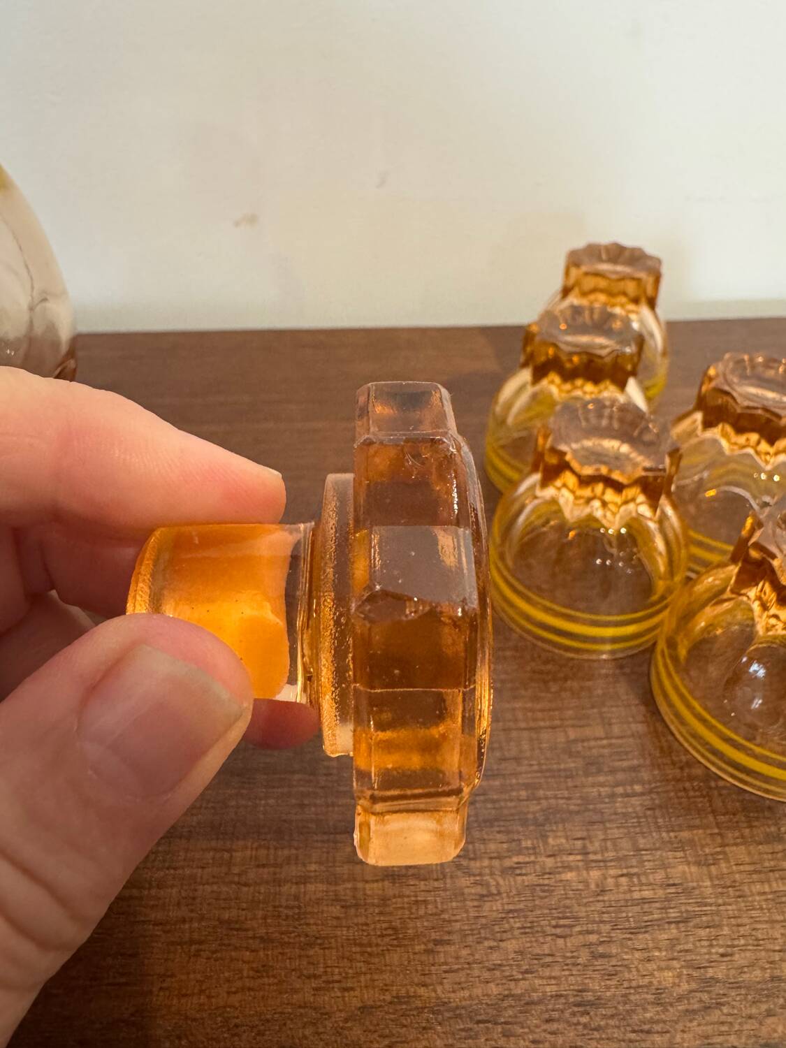 Vintage liqueur service in amber glass (decanter + 6 glasses)