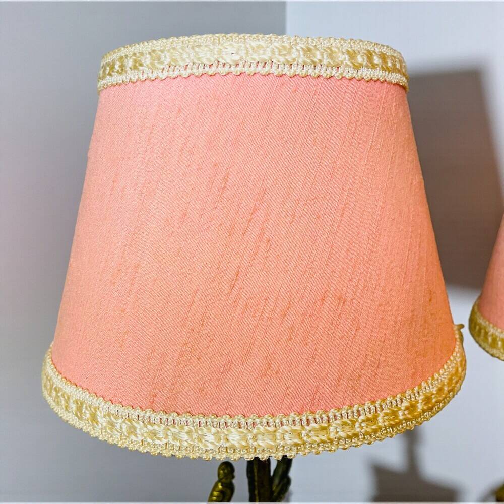 Pair rustic brass bird table lamps with pink lampshades