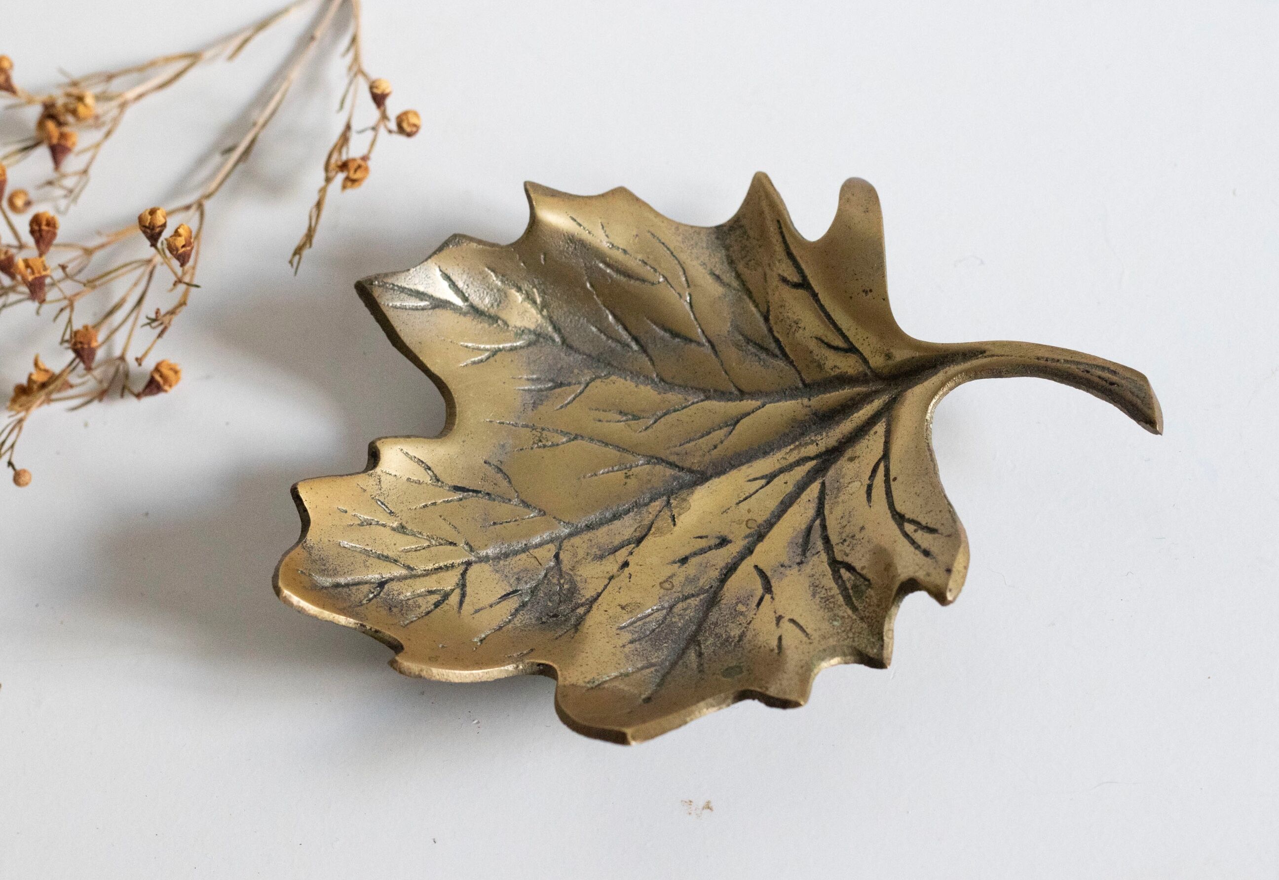 Trinket bowl vintage brass leaf