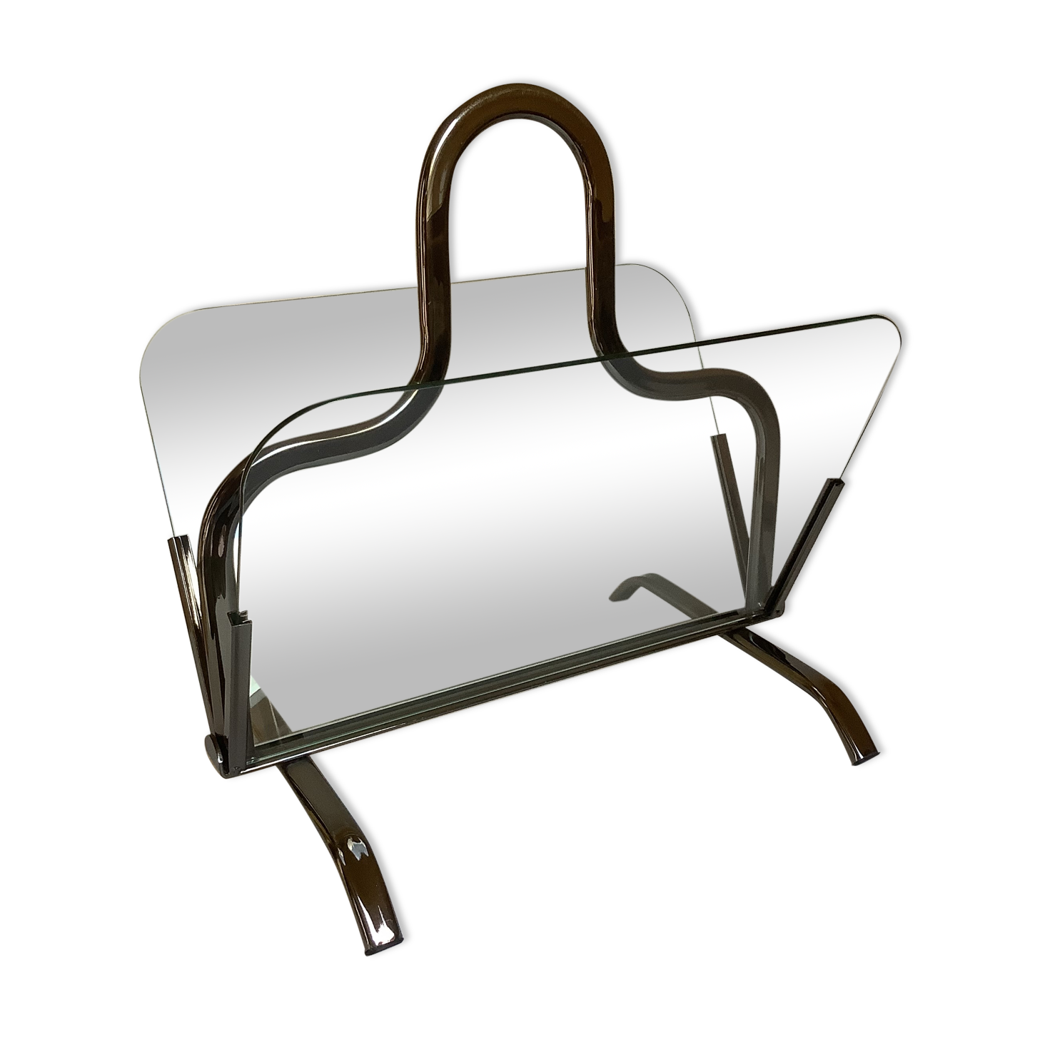 Old magazine holder chrome metal and glass